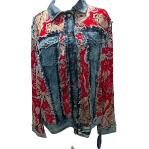Peter Nygard Jacket Denim Fringe Multicolored Red Calico Snap Women’s Size Large